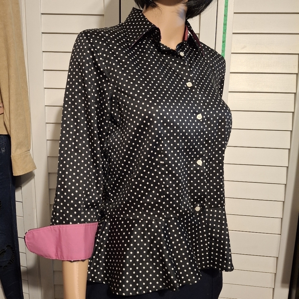 Ralph Lauren Polka Dot Peplum Blouse ruffled Black and White Sz S - Picture 4 of 5